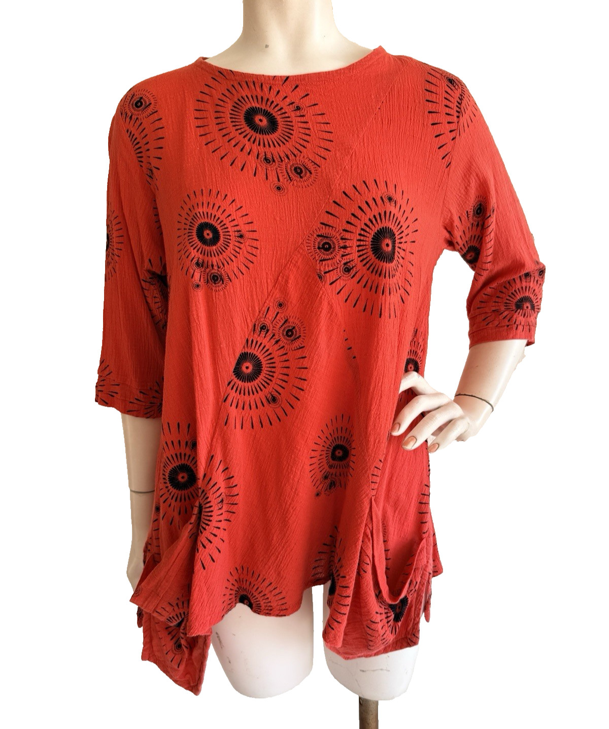 YOU-BE Tunic Top Orange Abstract Print Asian Art to Wear Cotton Gauze Size S M