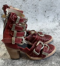 Freebird by Steven Brooklyn Red Leather Buckle Heeled Sandals Women US 6