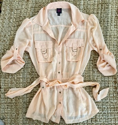 Y2K 2B Bebe Peach Utility Style 100% Polyester Snap Button Down Blouse Size S