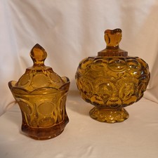 LE Smith Moon And Star Amber Glass Footed Compote With Lid Candy Dish Set of 2 p