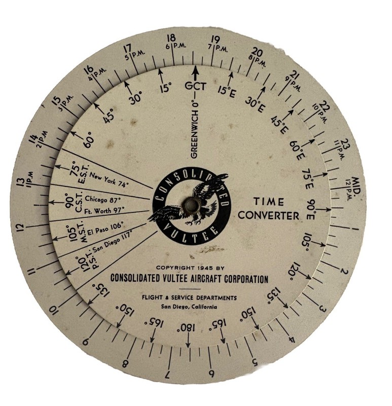 1945 DF QDM Consolidated Vultee Aircraft Time Converter Navigation Wheel 5.75”