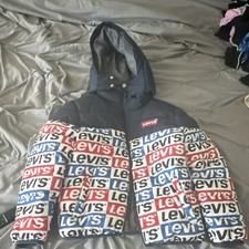 Levi's Boys Hooded Puffer Jacket M 10-12 YRS Blue Red White Logo Zip
