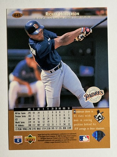 1996 Upper Deck #445 Rickey Henderson - Picture 2 of 2
