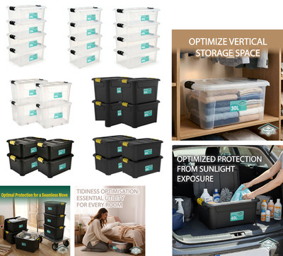4 Stück Kunststoff Aufbewahrungsboxen Box mit Clip Deckel Home Office Stapelbar Einheit Ordnung UK