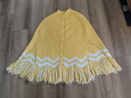 Vintage Yellow /WHT Handmade Button Up Knit Crochet Fringe Sweater Cape Poncho