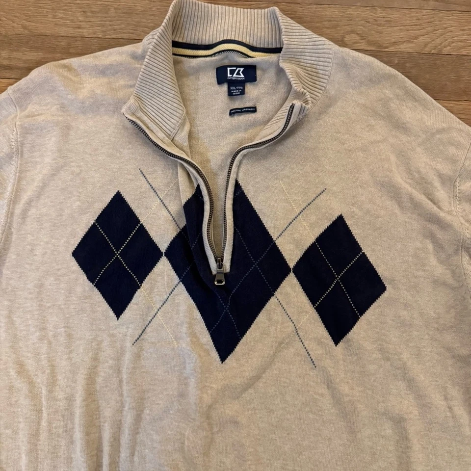 Cutter & Buck tan black Argyle zip neck golf sweat sweater shirt top sz XXL b55 - Image 3 of 4