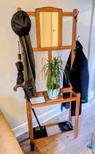 Antique Arts & Crafts Oak Hall Stand with Mirror & Umbrella Drip Trays.