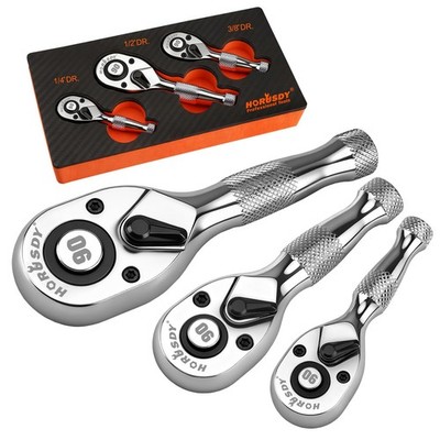 HORUSDY 81153 3 Piece 90T Stubby Ratchet Set 1/4'' 3/8'' 1/2'' Drive Socket Wrench
