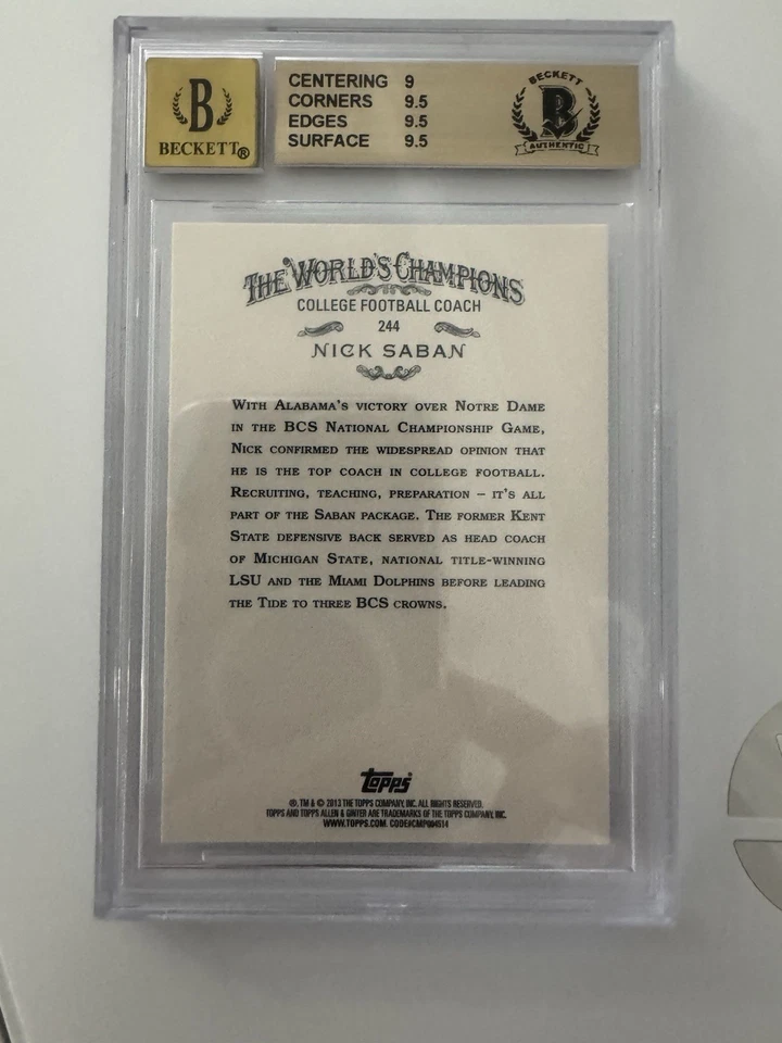 NICK SABAN Signed 2013 Topps Allen & Ginter #244 Beckett Auto 10 Card 9.5 Graded - Image 2 of 2