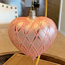 Vintage Christmas Large Pink Heart Shaped Glass Ornament Diamond Design