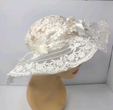 1980s Bridal Hat White Lace Wide Brim Wedding Hat Boho Prairie