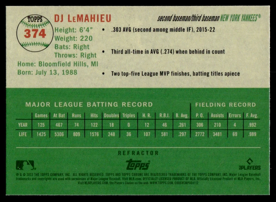 2023 Topps Chrome Platinum REFRACTOR DJ LeMahieu New York Yankees #374 - Image 2 of 2