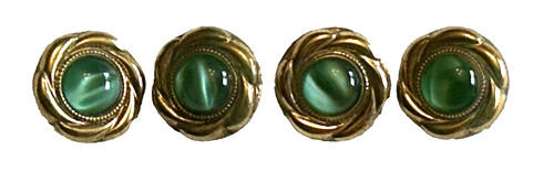 Vntg Set of 4 Gold Tone Metal & Green Glass Cat Eye Jewel Buttons Victorian