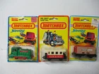 Matchbox Lesney Superfast SF24 Shunter, SF25 Flat Car, SF44 Passenger Coach,card