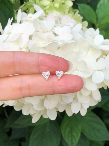 925 Sterling Silver Cz Pave Heart Stud Earrings Tiny Dainty Post Studs 7mm Gold - Picture 2 of 10