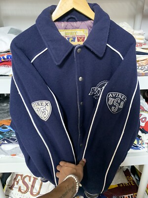 Vintage 90s Avirex Mens XL Spell Out Wool Varsity Jacket Black USA