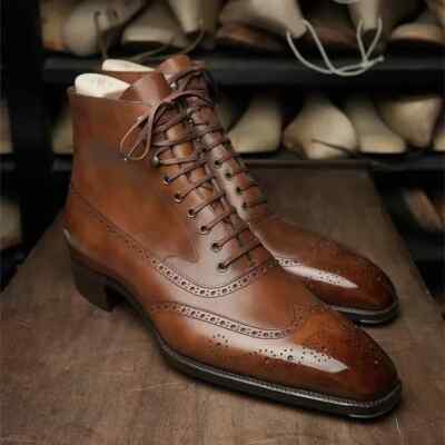 Handcrafted Men's Brown Leather Lace Up Wingtip Brogue Dress High Ankle Boot Men