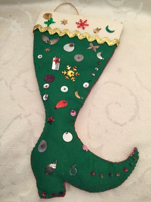Vintage Felt Sequins Christmas Stocking Completed Green White Two sided 12 