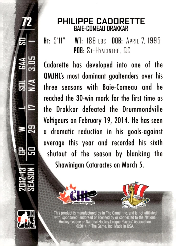 Philippe Cadorette - Signed 2013-14 In The Game Between The Pipes Card #72 - Image 2 of 2