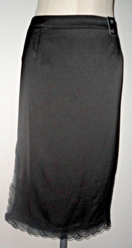 M&S Black Lace Trim Hem & Splits Silky Look Pencil Midi Skirt BNWT Size 14 - Picture 2 of 10