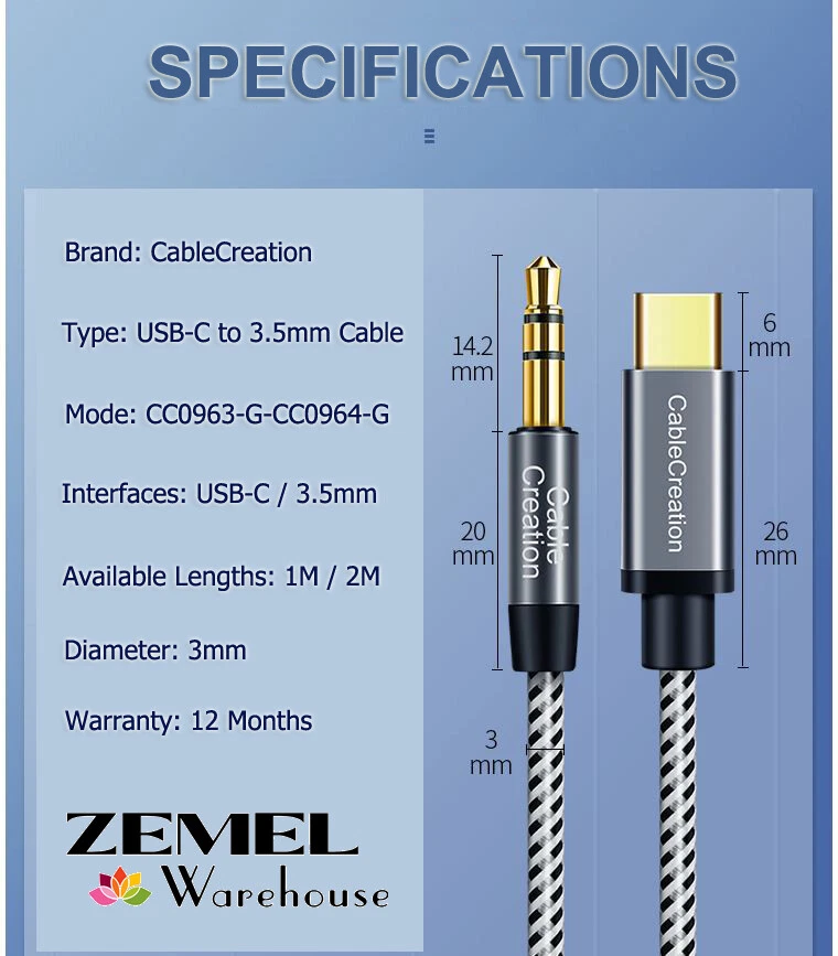 Premium USB Type-C Male To 3.5mm AUX Male Adapter Cable Stereo Audio Cord 1M 2M - Image 2 of 4