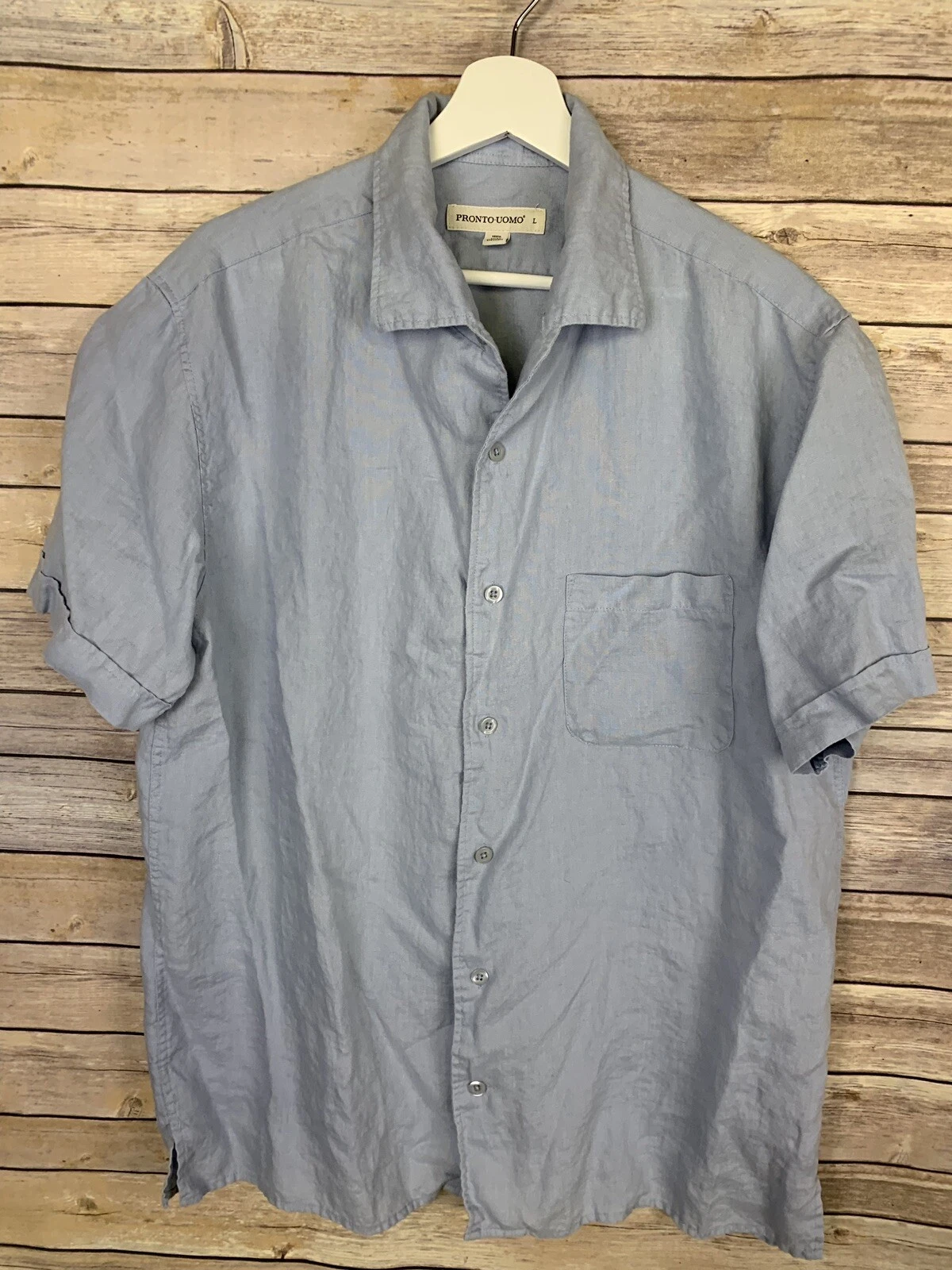 Pronto Uomo Men's Large Button Front Shirt 100% Linen Blue