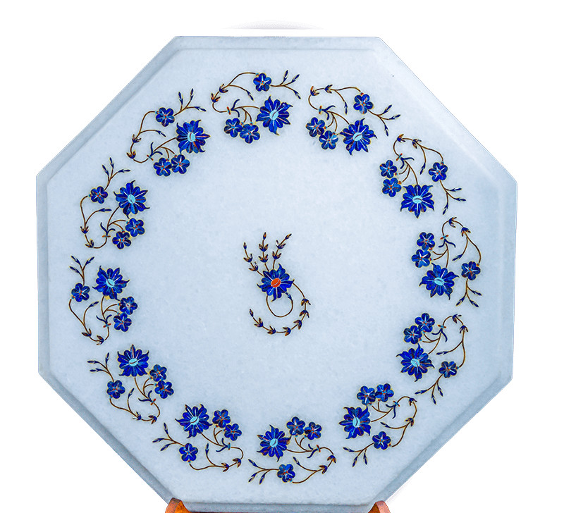 MESA AUXILIAR DE CENTRO DE MALAQUITA DE MÁRMOL BLANCO DE 18"" CON INCRUSTACIÓN DE COCINA M8