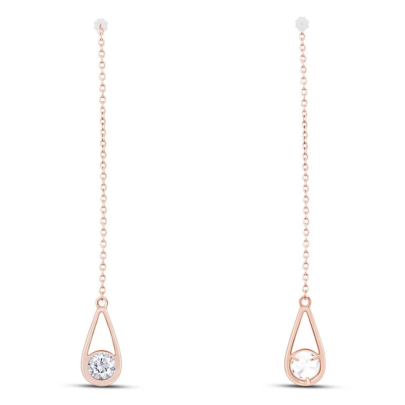 Threader Drop Earrings Round Cut Simulated Diamond 14K Rose Gold Plated Silver - Image 3 of 4