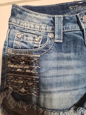 MISS ME CUT OFF JEANS SHORTS WOMEN S 25 RHINESTONE STUDDED SEQUENCES EMBELLISHED