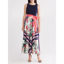 Eliza J Women Navy Twofer Scarf Print Sleeveless Belted Party Maxi Dress Size 8