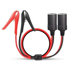 2Ft Battery Alligator Clips to Car Cigarette Lighter Dual Socket 2 Way Cable 
