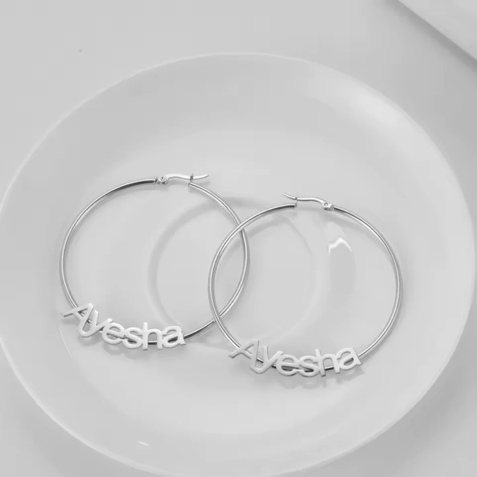Custom Jewelry Hoop Name Earrings Pair Personalized Gold Silver Circle Round - Image 3 of 4