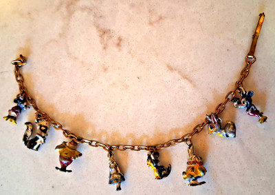 Vintage Walt Disney Charm Bracelet Fold Clasp 8 hand painted charms! Figaro