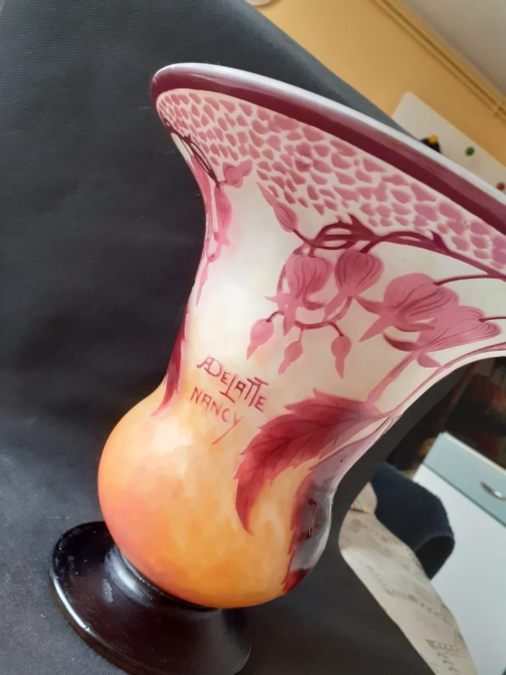 Ancien vase art nouveau signé A Delatte Nancy. Verre multicouche. Pate de verre. - Photo 2/4