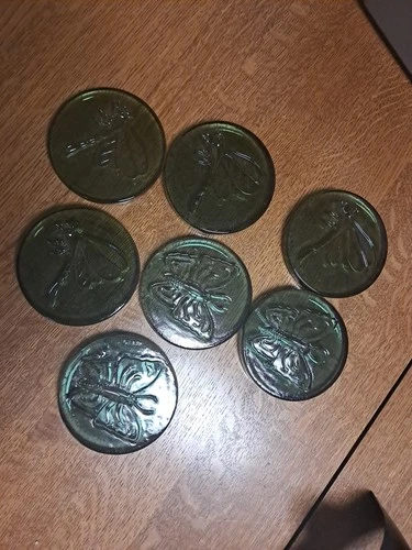 Vintage Blenko-Style 7 Butterfly/Dragonflies Green Glass Suncatchers & Holders