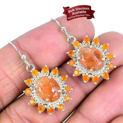 Natural Sunstone Faceted 925 Silver Wedding Drop Sacral Chakra Earrings Jewelry