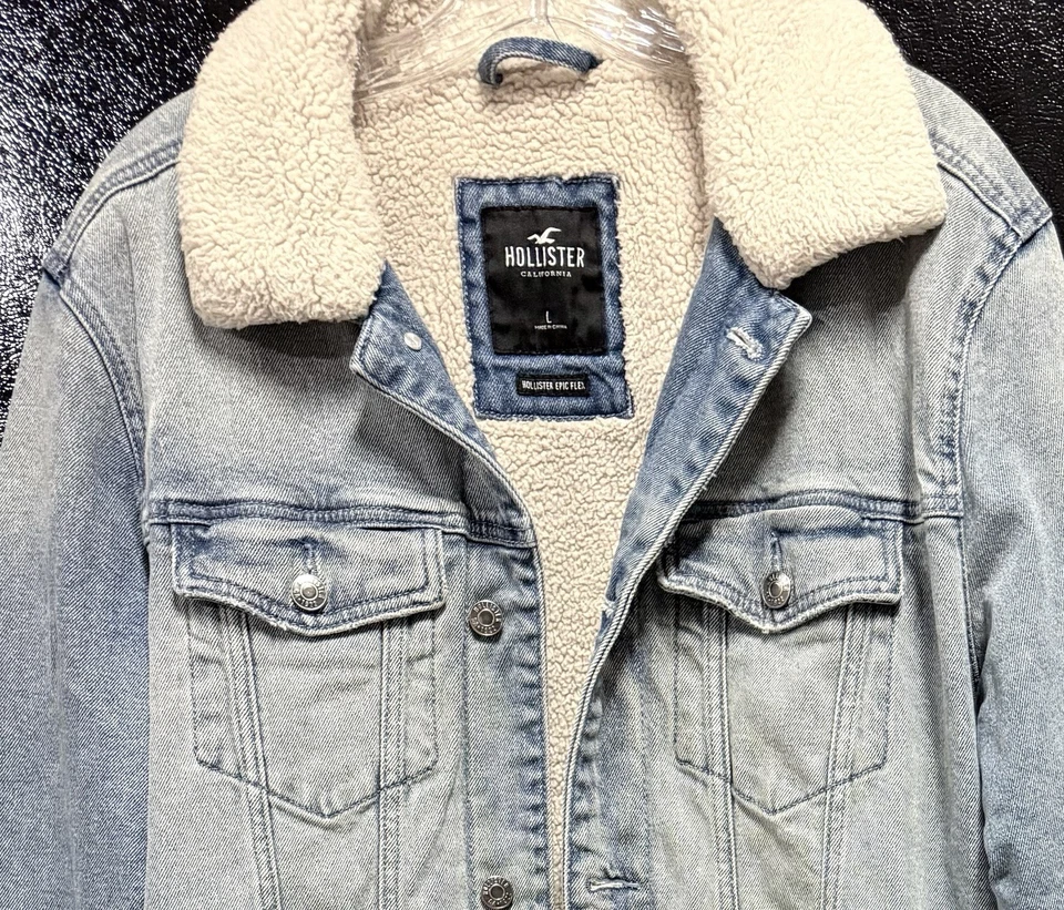 Chaqueta de mezclilla Hollister para hombre L Epic Flex Sherpa forrada abrigo de camionero occidental grueso Foto 2 de 4