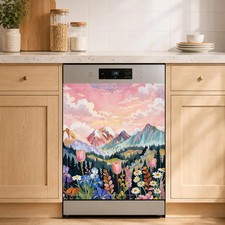 Boho Wildflower Mountain Dishwasher Magnet Cover 23x26 Inch, Pink Floral Nature