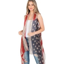 American Flag Scarf Vest Boho Antiqued Americana Festival One Size NWT