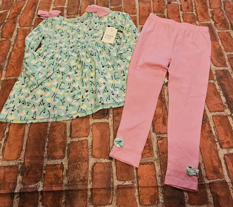 Crown & Ivy Baby Girls 2pc Outfit Set 4T NWT Mint Floral Tunics Pants Bows