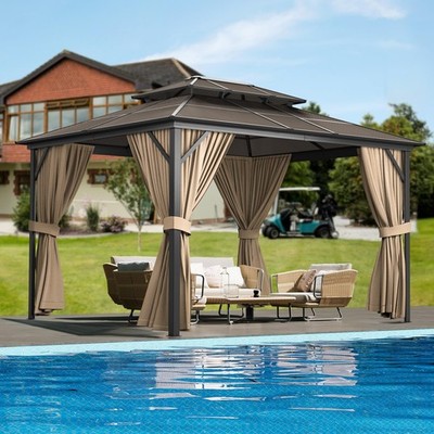 10x12FT Hardtop Gazebo Galvanized Steel Framed Double Roof Netting & Curtains