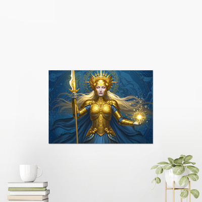 Norse Mythology Fine Art Print Valkyrie Goddess Gold Armor Blue Poster A4 A3