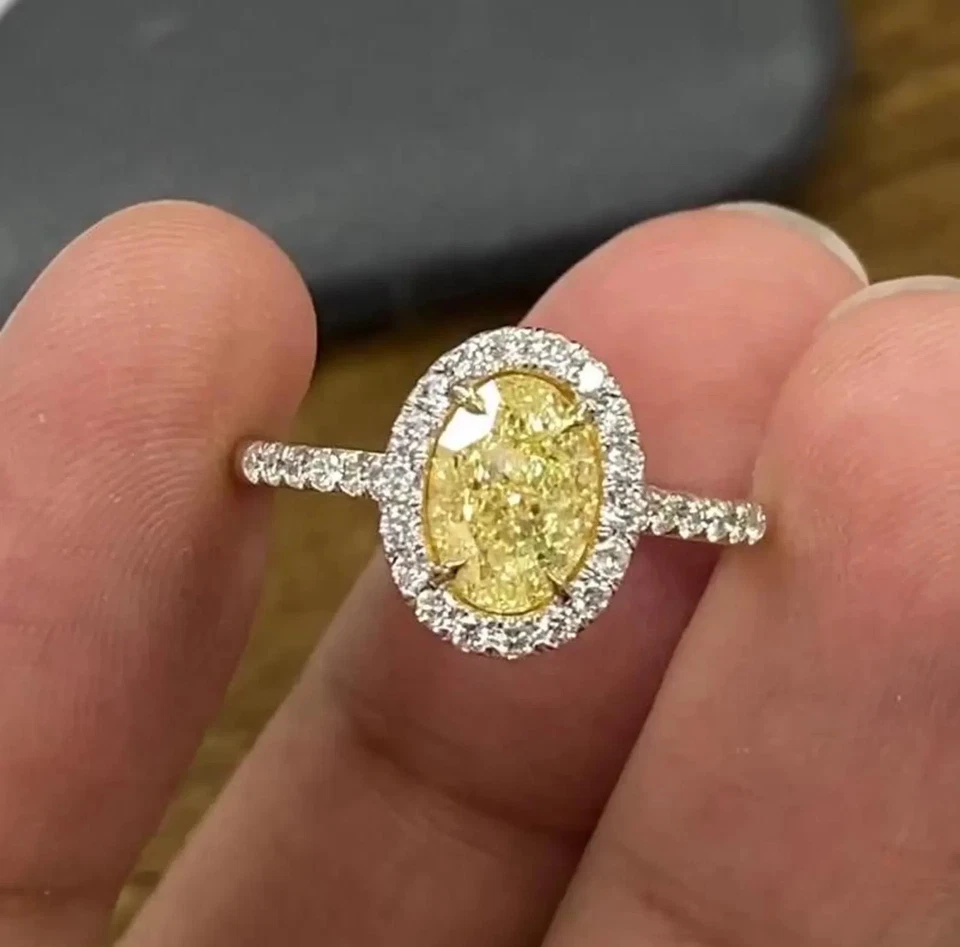 Oval Cut Fancy Vivid Yellow Lab Grown/CVD Diamond Halo Ring 14k White Gold - image 3 of 4