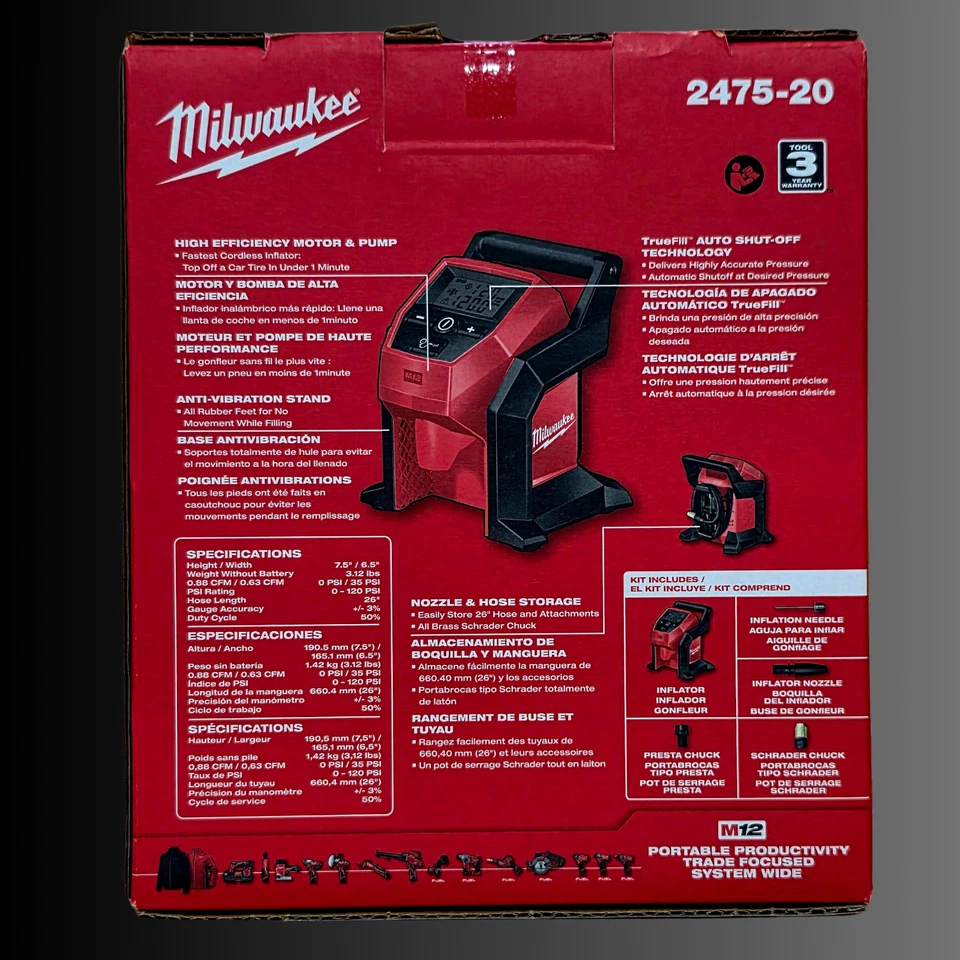 Milwaukee 2475-21XC M12 Inflador de Neumáticos Portátil Inalámbrico para Automóvil Batería 4.0 Ah NUEVO Foto 4 de 4