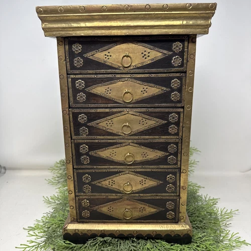 Vintage Wood & Brass Jewelry Box With 6 Drawers 15" T Hollywood Regency Style