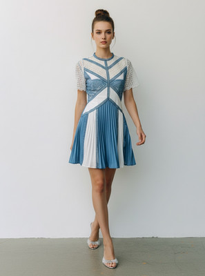 Self-Portrait Lace Colorblock Pleated Mini Dress Blue Ivory Gray Sz 6 S