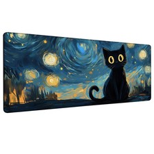 Black Cat Under Starry Night Gaming Mouse Pad Large Desk Mat Extended Keyboar...