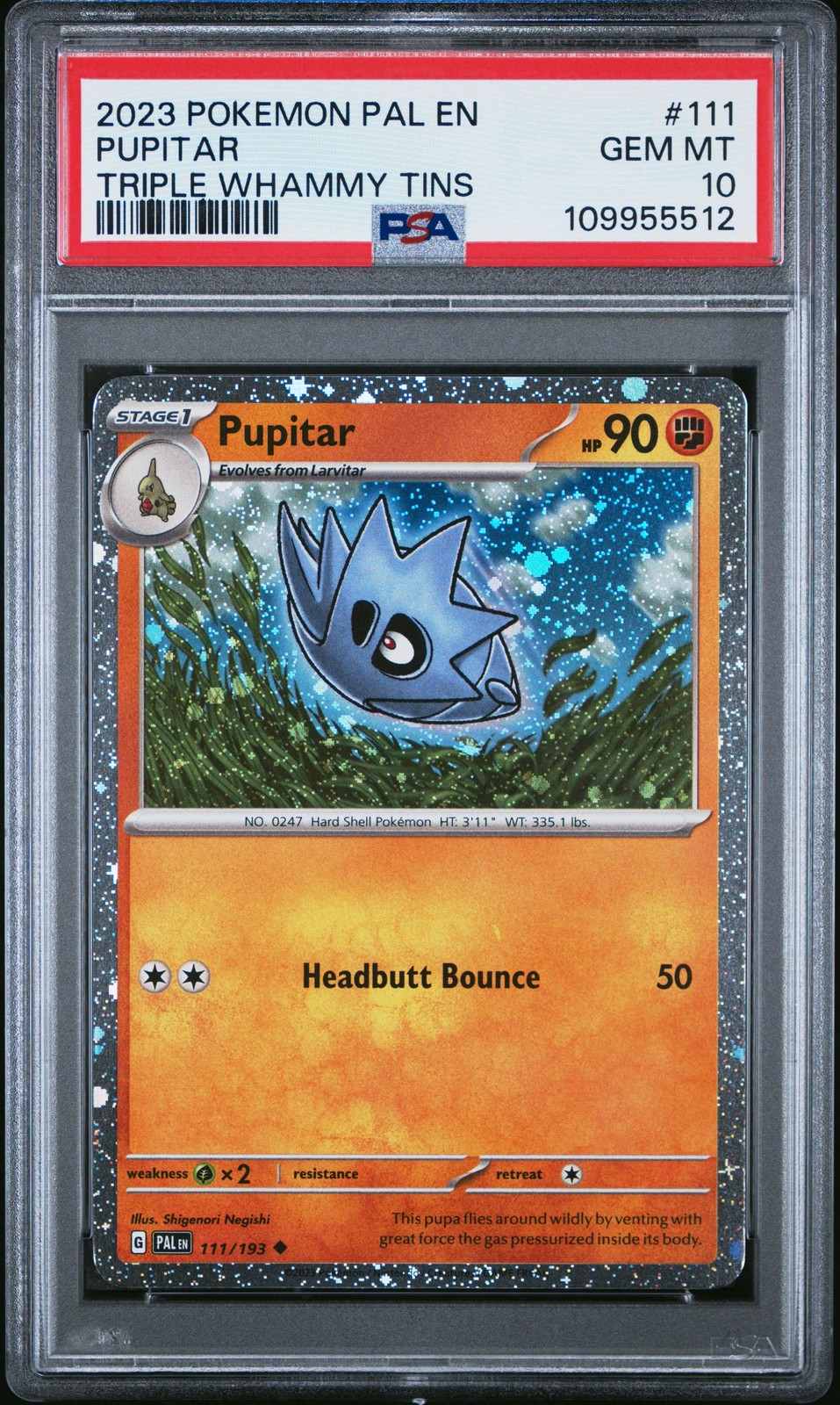 2023 POKEMON PAL EN-PALDEA EVOLVED TRIPLE WHAMMY TIN #111 PUPITAR PSA 10