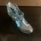 Fenton Glass Shoe Slipper Light Blue Hand Painted Floral 95th Anniversary Signed