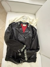 Gucci Jacket Black Leather Crystals Embellished Lions 44 Motorcycle Style Unique
